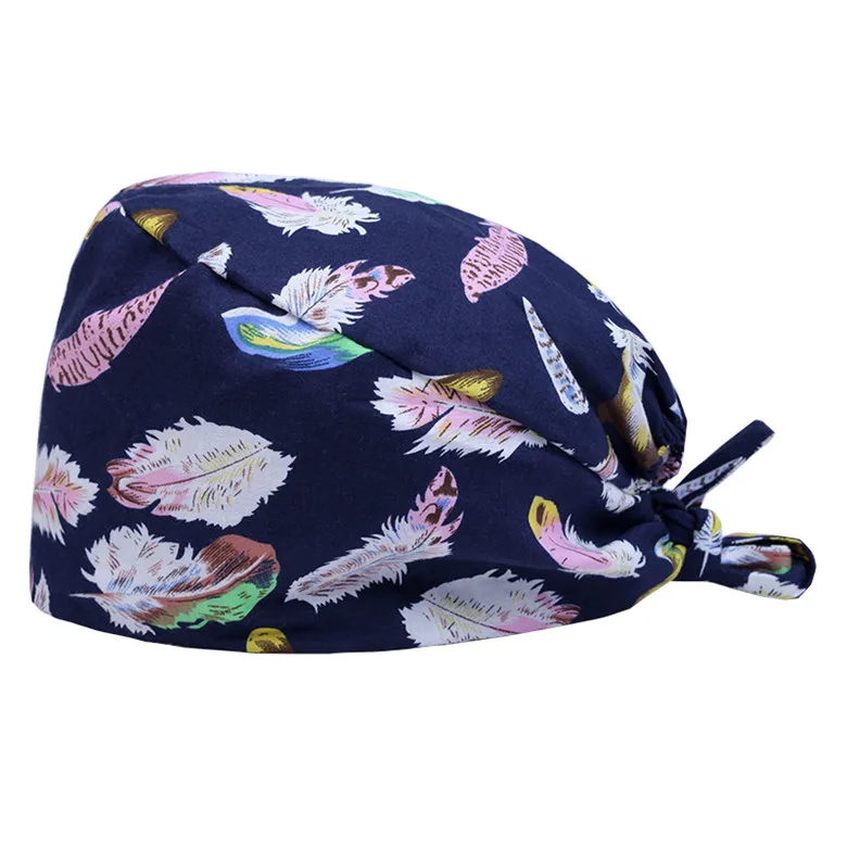 Feather Cap Темно-синяя медицинская Кепка с принтом совы, рабочие головные уборы для медсестры, хирургическая Кепка для стоматологической клиники, для мужчин и женщин, хлопок, медицинские аксессуары - Цвет: Feather Cap