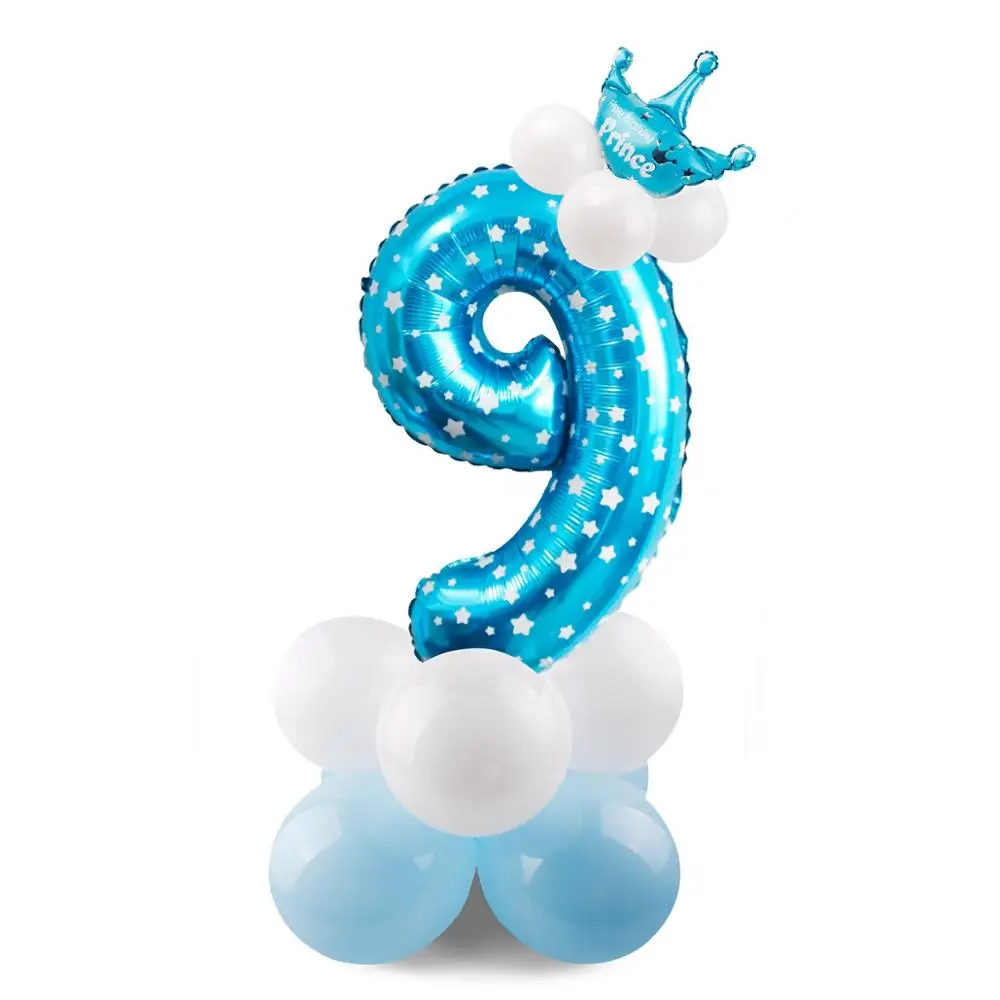 blue set 9 HUIRAN розовый и голубой номер воздушный шар из фольги шары Корона Декор ребенка душ принц принцесса балон с днем рождения поставки - Цвет: blue set 9