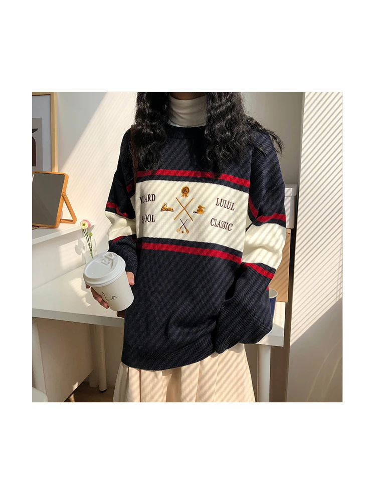 Woherb женский корейский Harajuku полосатый свитер женский пуловер Kawaii Ulzzang вышивка джемпер одежда для женщин 22873