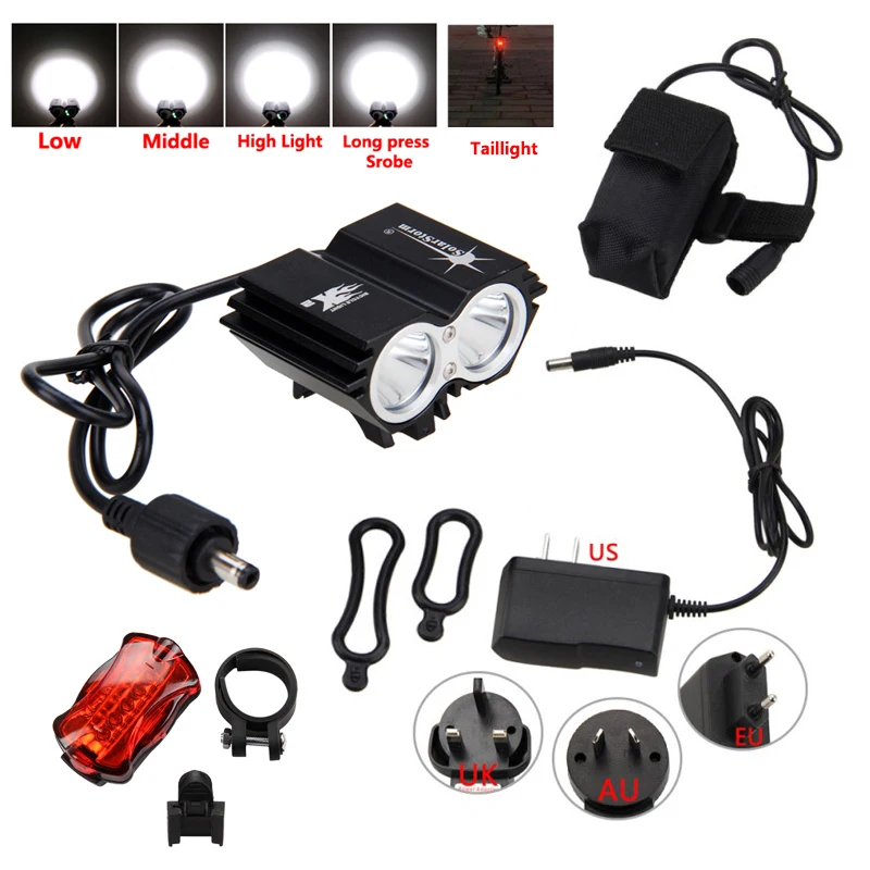 

12000mAh battery 5000 Lumens 2 LED Cycling Bike Bicycle Light Led Lamp HeadLight Headlamp & Rear Light Free Shipping