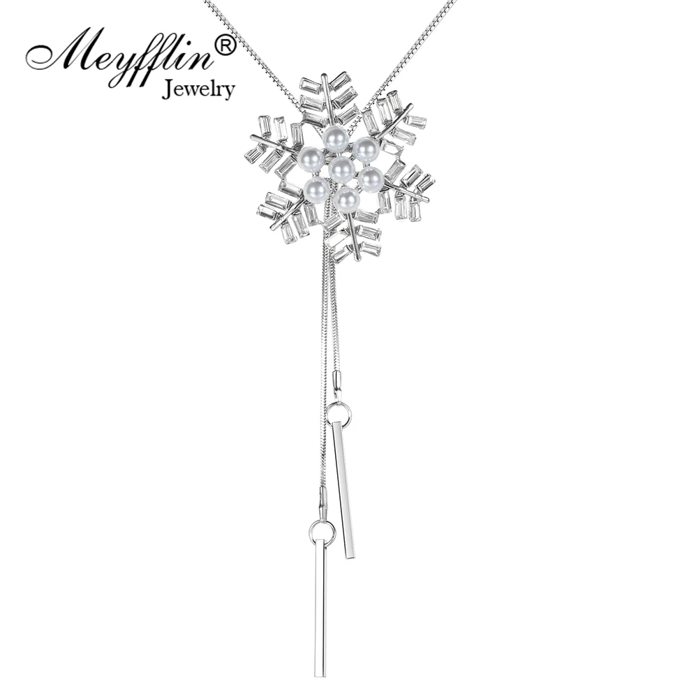 Meyfflin Collier Femme, длинное ожерелье с искусственным жемчугом, модное женское колье Снежинка с кристаллами, подвеска, ювелирная цепочка, бижутерия, подарки