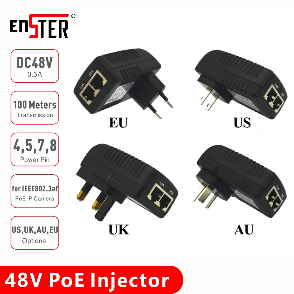 Штепсельная Вилка ENSTER Инжектор POE с источником питания 48 В для IP камер Hikvision Dahua