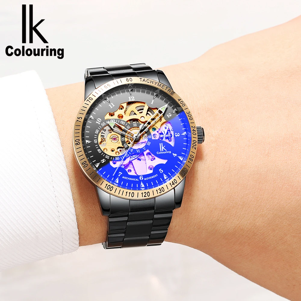 Фото Мужские механические часы-скелетоны IK, модные повседневные автоматические часы из нержавеющей стали №3
