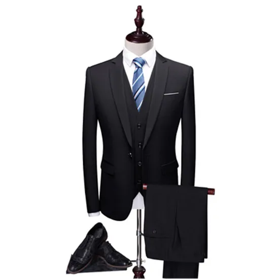 one button black Новые мужские однобортные костюмы для отдыха, комплекты из 3 предметов/мужской однотонный деловой костюм, пиджак, пиджак+ жилет+ брюки - Цвет: one button black