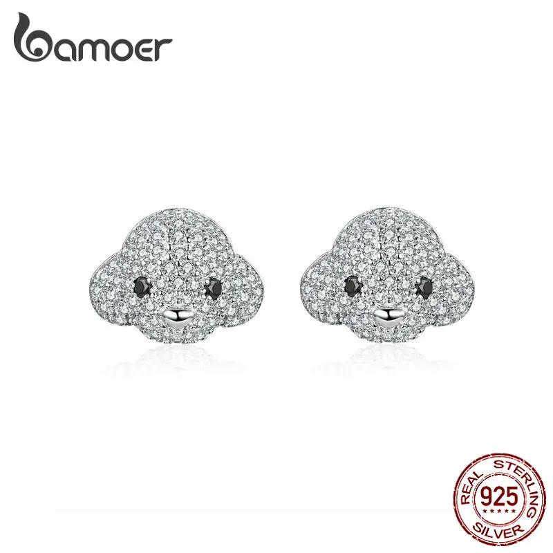 BAMOER 3D Пудель серьги-гвоздики в виде собаки для девочки прозрачный CZ Кристалл Ушные Шпильки 925 пробы серебряная шпилька в виде собаки ювелирные изделия детский подарок BSE098