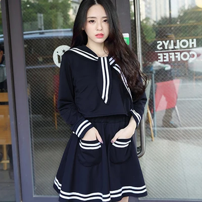 blue dress sets 2 предмета, Высококачественная школьная форма для японской средней школы для девочек, японские корейские Топы+ юбка+ галстук, школьная одежда, униформа, черно-белый костюм Юнга, C30153AD - Цвет: blue dress sets