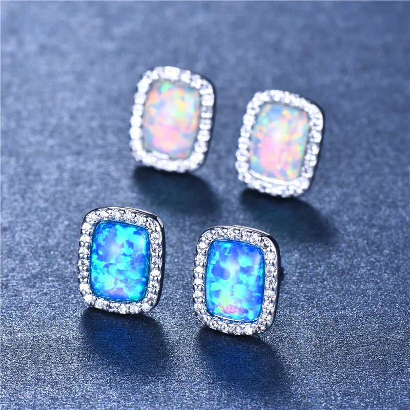 Boho женские маленькие шпильки геометрической формы серьги модные серебряные синие белые огненные опаловые серьги винтажные Свадебные Двойные серьги для женщин
