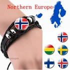Северная Европа: Дания, Швеция, Финляндия, Норвегия, Исландия, флаг, черный цвет, мужские ювелирные изделия, кожаные пуговицы браслет со стеклянным куполом