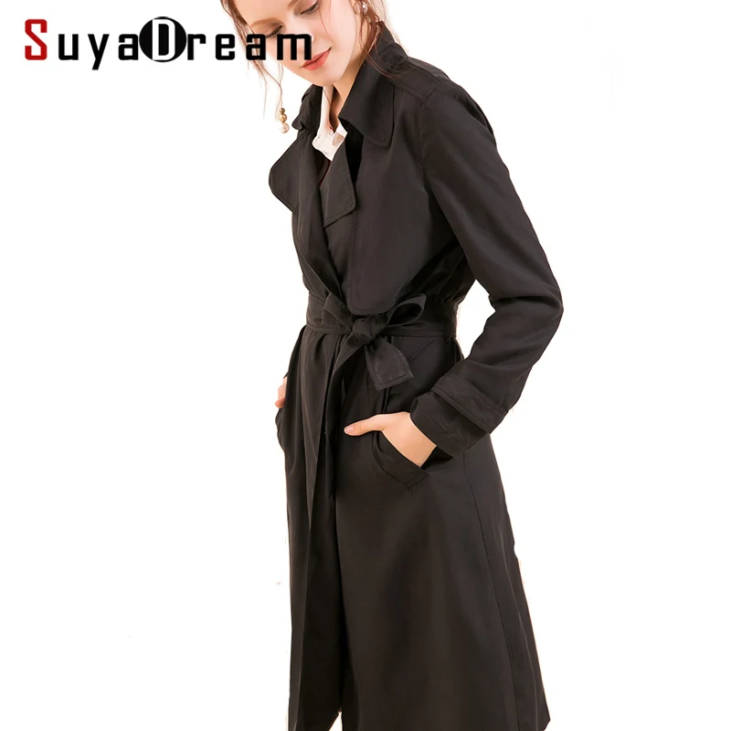 Женский Шелковый Тренч SuyaDream черный длинный офисный из 100% натурального шелка с