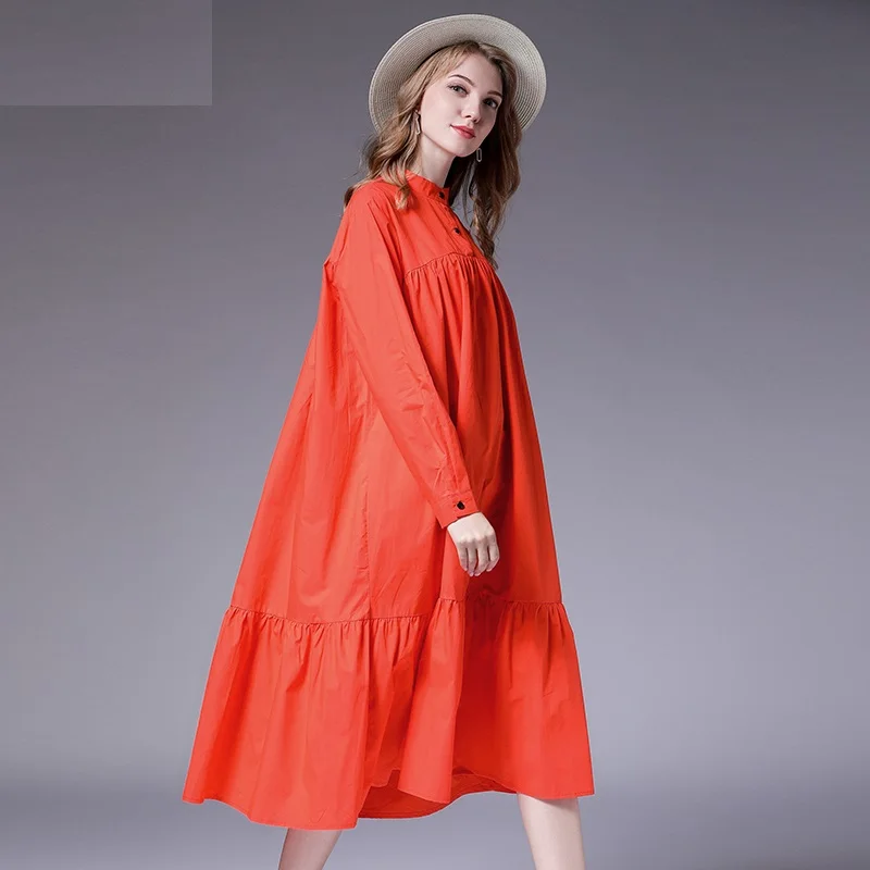 

Shirt Dress Autumn Plus Size Women Cotton Black Red Green Stand Casual Ruffles Full Sleeve Loose Party Oversized Dresses L-5XL