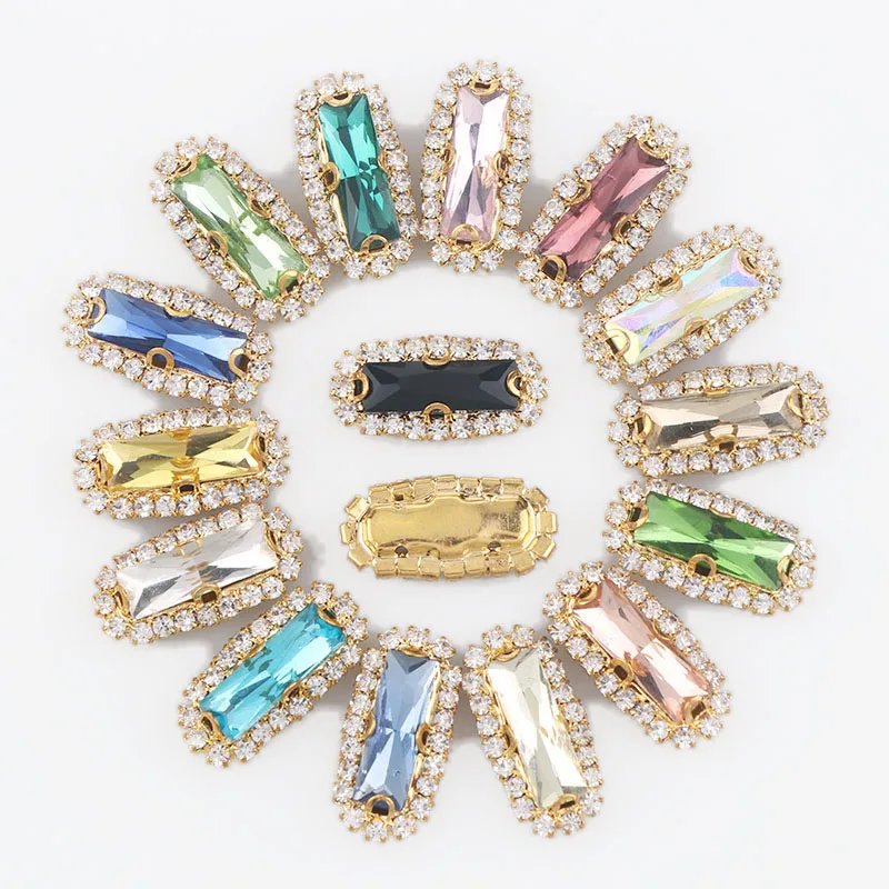 Прямоугольная багета Золотая основа пришивная с красочным стеклом и камнем