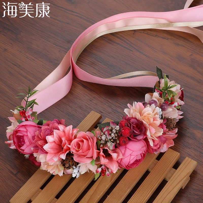 Haimeikang Summer Wedding Floral Crown Head Band Kids Party Wreath Floral Garlands Ribbon Adjustable Flower Crown Rose For Women
