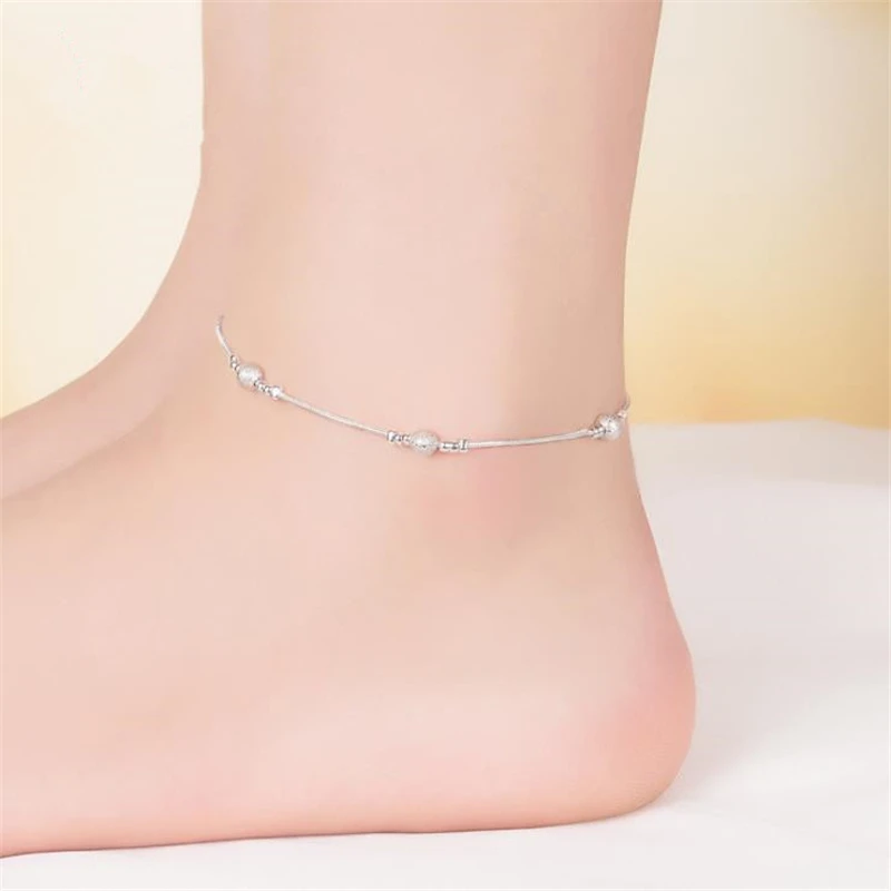 KOFSAC Fashion 925 Sterling Silver Beaded Link Chain Anklet For Women Ankle Bracelet Female Jewelry Wholesale Girl Best Gift | Украшения и