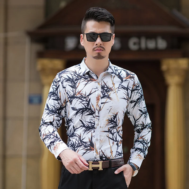 

Oversized 7XL Men Casual Shirts 2019 New Fashion Bamboo leaves Pattern Dress Shirt Excellent chemise homme manche longue#7501