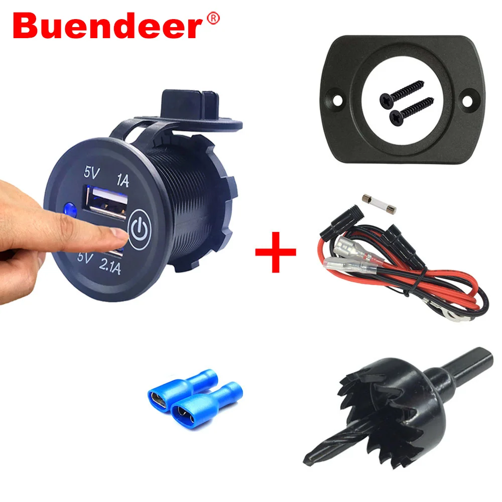 Buendeer 4 в 1 комплект мотоцикл 12 V-24 V Мощность розетка с сенсорным выключателем с двумя портами USB Зарядное устройство Разъем для автомобиля лодка мотоцикл RV ATV