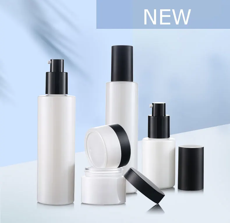 

Белая стеклянная банка для крема 300 шт./лот 30/50 г, емкость с насосом для лосьона 120/100/30 мл, флакон для духов с черной крышкой, косметический кон...