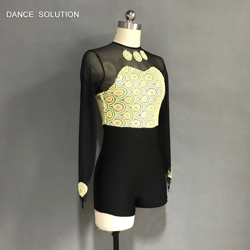 Yellow Sequin Unitard with Long Mesh Sleeves and Boy Shorts Women &amp Girl Stage Dance Costumes Jazz Stretch Wear 3 Colors 18567 |