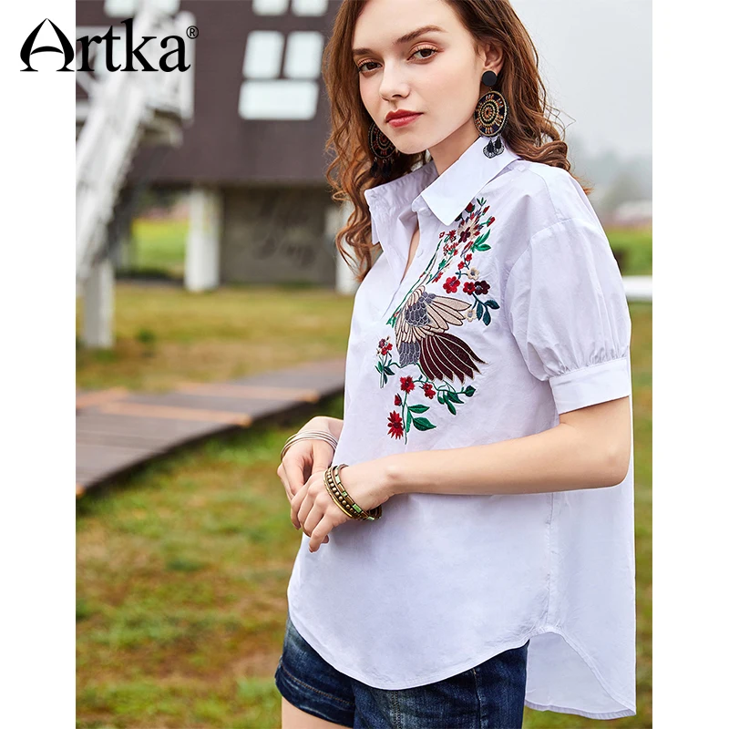 ARTKA 2018 лето новые женские 100% хлопок вышивка отложной воротник универсальные