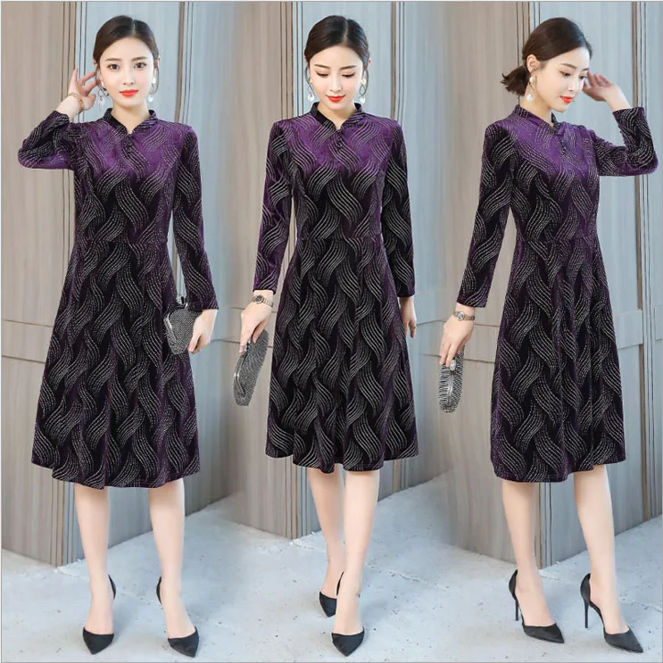 Осень 2018 г. для женщин ретро слово печатных золото бархатное платье | Женская