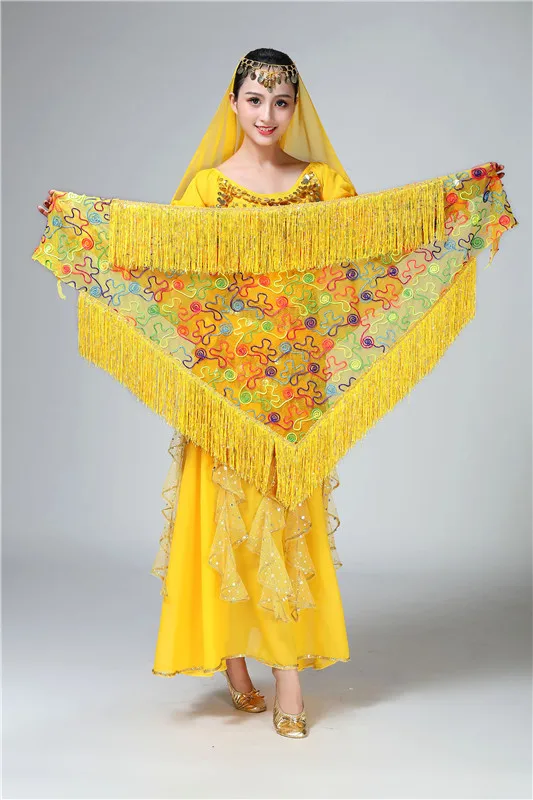 Yellow Женские костюмы для танца живота, сетчатый шарф, треугольный Длинный кисточкой, Женская цепочка для талии, блестки, полотенце, пояс для танца живота, танцевальная одежда - Цвет: Yellow