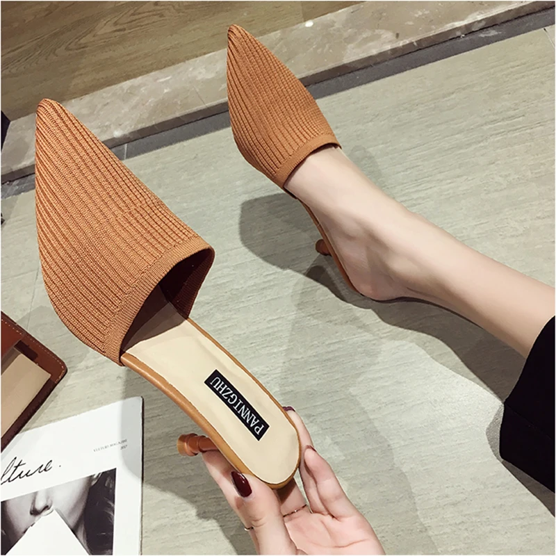 2019 эластичный вязаный женский ткань туфли без задника с заостренным носком