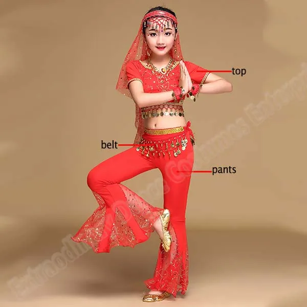 Red-3pcs Девушки Болливуд танцевальные костюмы танец живота индийский набор сари шифон наряд представление на Хэллоуин Топ Пояс брюки Вуаль головной убор - Цвет: Red-3pcs