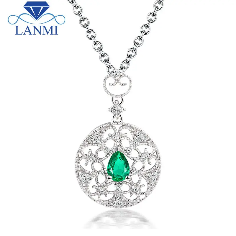 

New Vintage Colombian Emerald Pendant Solid 18K White Real Diamond Gemstone Wholesale Jewelry For Women WP056