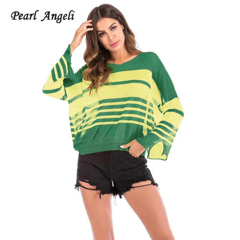 2018 Fashion Women Full Sleeve Tops Thin Hollow Out Striped Loose Female Knit Sweater V-Neck Fall Spring Causal Femme |