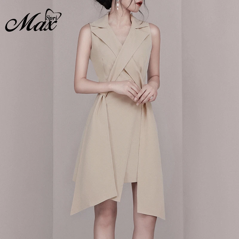 Женское асимметричное платье Max Spri офисное до колена без рукавов с v образным