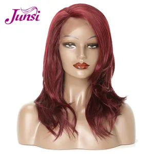 JUNSI Short Wine Red Lace Front Natural Wave Wigs for Women Heat Resistant Synthetic Wig