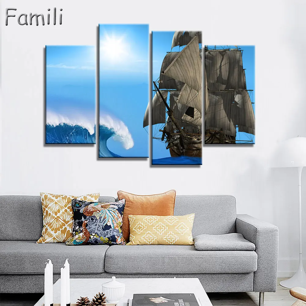 

4Pieces sea sailboat Modular pictures Modern Home Decoration Living Room or Bedroom Canvas Printing Photos Art Picture(Unframed)