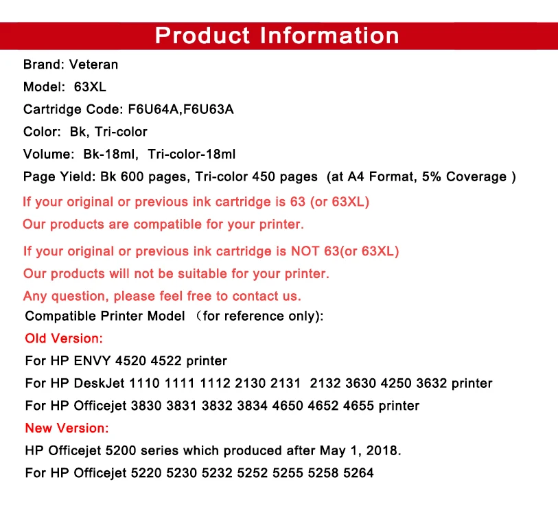 Ветеран 63XL картридж совместимый для hp 63 hp 63 XL для Deskjet 1110 2130 2132 3630 3632 Officejet 3830 4650 4652 5220 5232