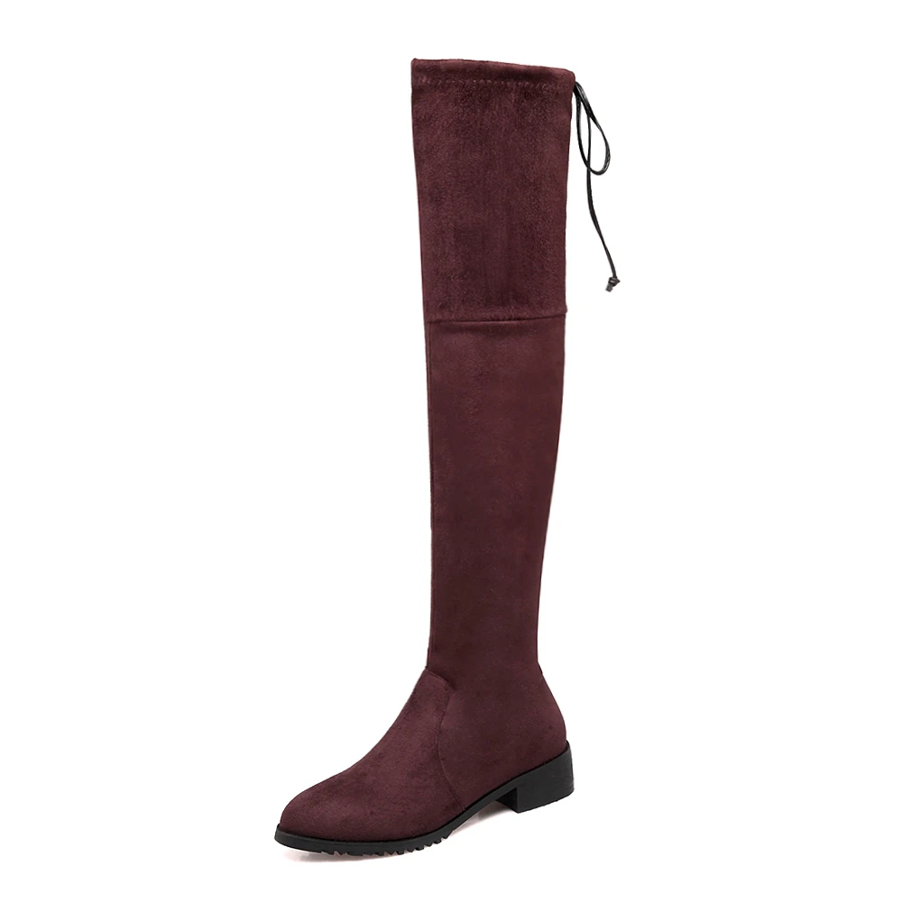 coffee 1 thin fur BONJOMARISA/ г. Новые Элегантные Осенние ботфорты, Размеры 33-46 пикантные женские высокие сапоги из флока женская обувь на низком каблуке - Цвет: coffee 1 thin fur