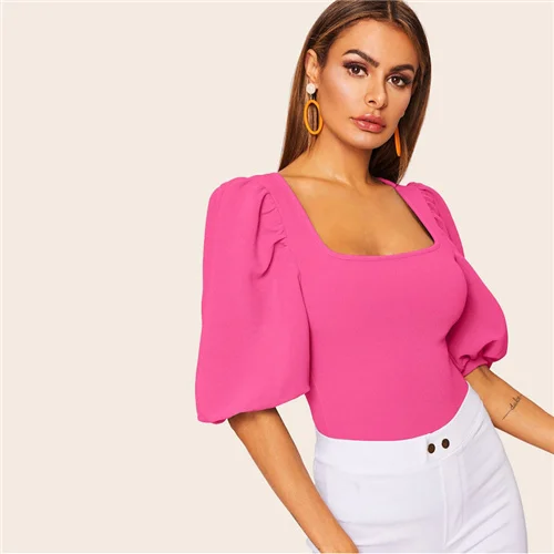 Hot Pink Sheinside, элегантный, эластичный, с пышными рукавами, Одноцветный Топ, для женщин,, лето, половина рукава, базовая отделка, футболка, для девушек, на каждый день, квадратный вырез, топы - Цвет: Hot Pink