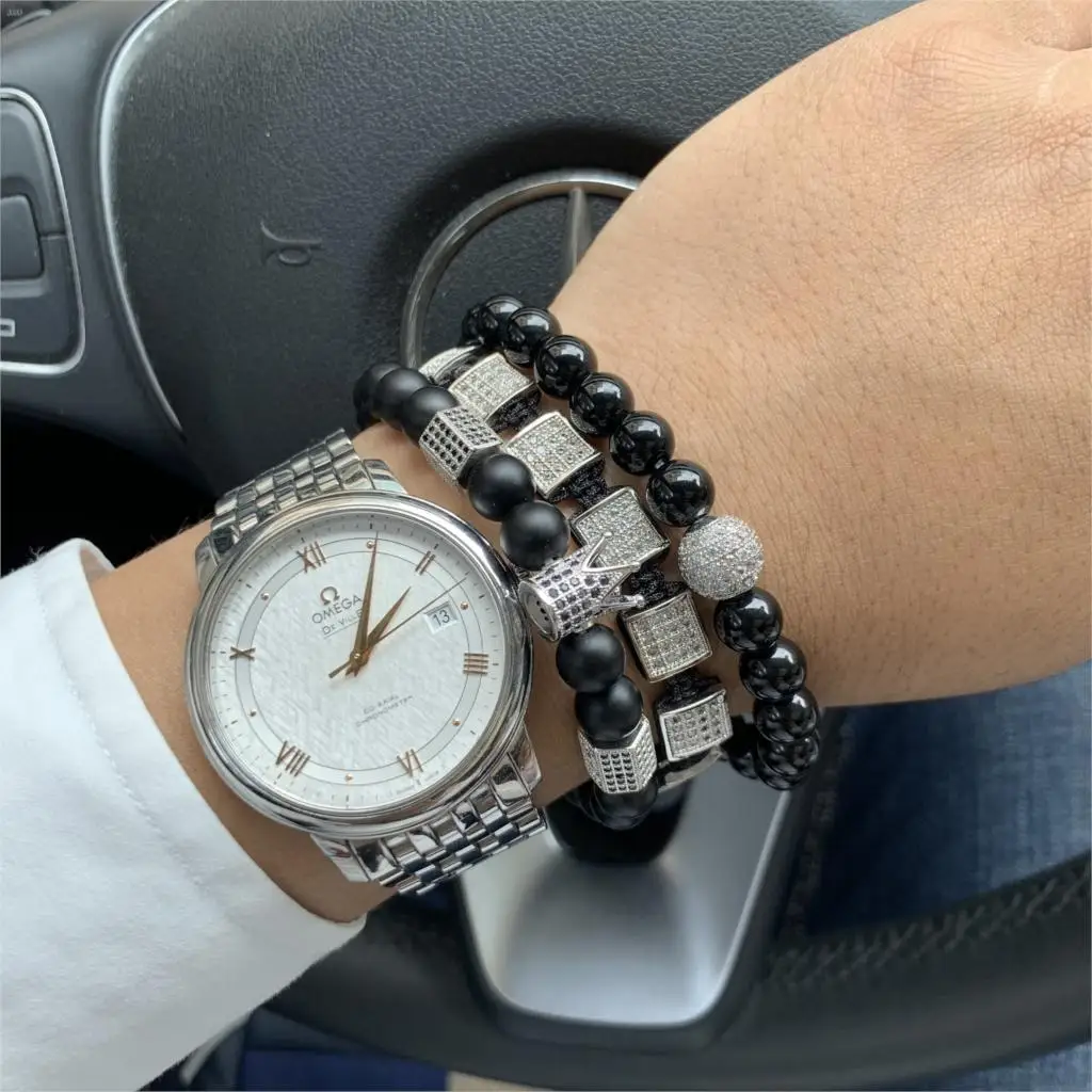 Micro Pave черный циркониевый золотой браслет с шармом короной мужской матовый