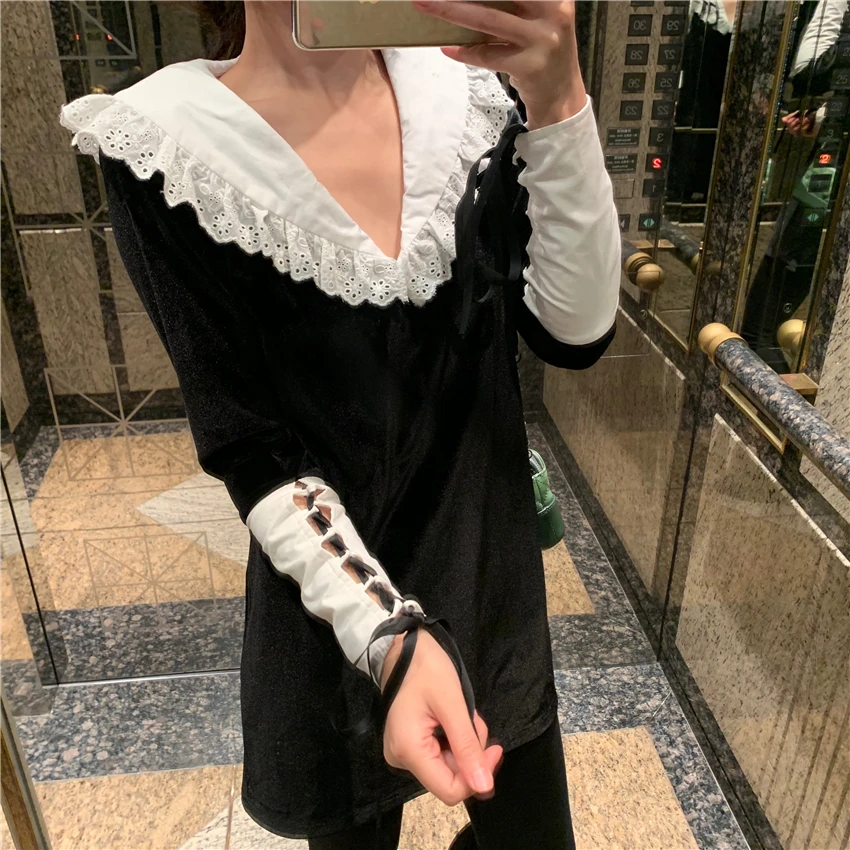 Retro Women Dress Velvet Stitching Peter Pan Collar Lace Up Long Sleeve 2019 New Sweet Female | Женская одежда