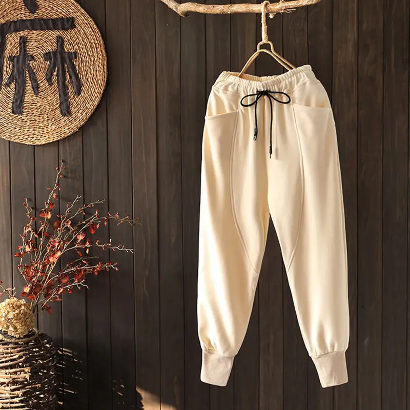 beige white Новые весенние повседневные штаны с эластичной резинкой на талии, женские длинные свободные штаны-шаровары, женские штаны на шнуровке, женская одежда C5295 - Цвет: beige white