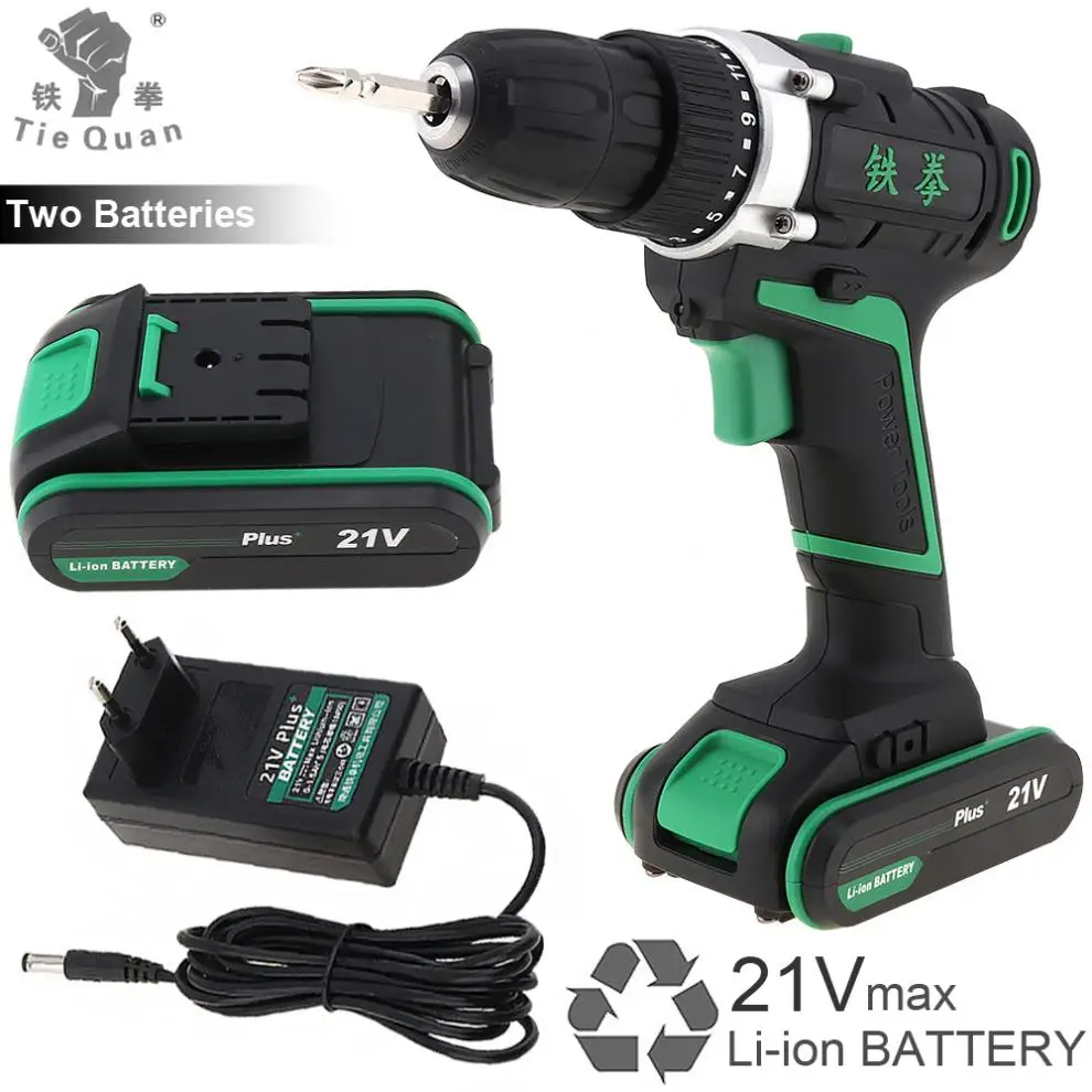 100 - 240V Cordless 21V Plus Electric Drill with 2 Lithium Batteries and Rotation Adjustment Switch for Handling Screws/Punching