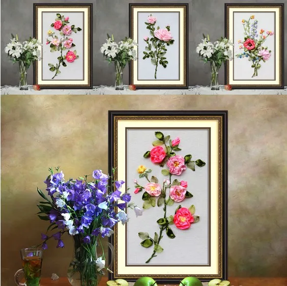 Красный розовый цветок розы лента вышивка набор живопись рукоделие Наборы