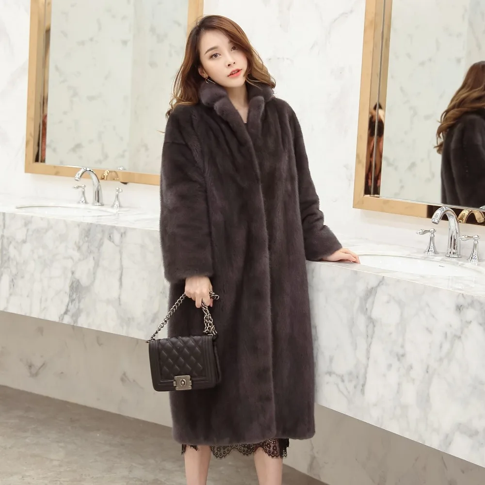 Женское длинное пальто из цельного меха норки Зимняя Толстая тонкая теплая
