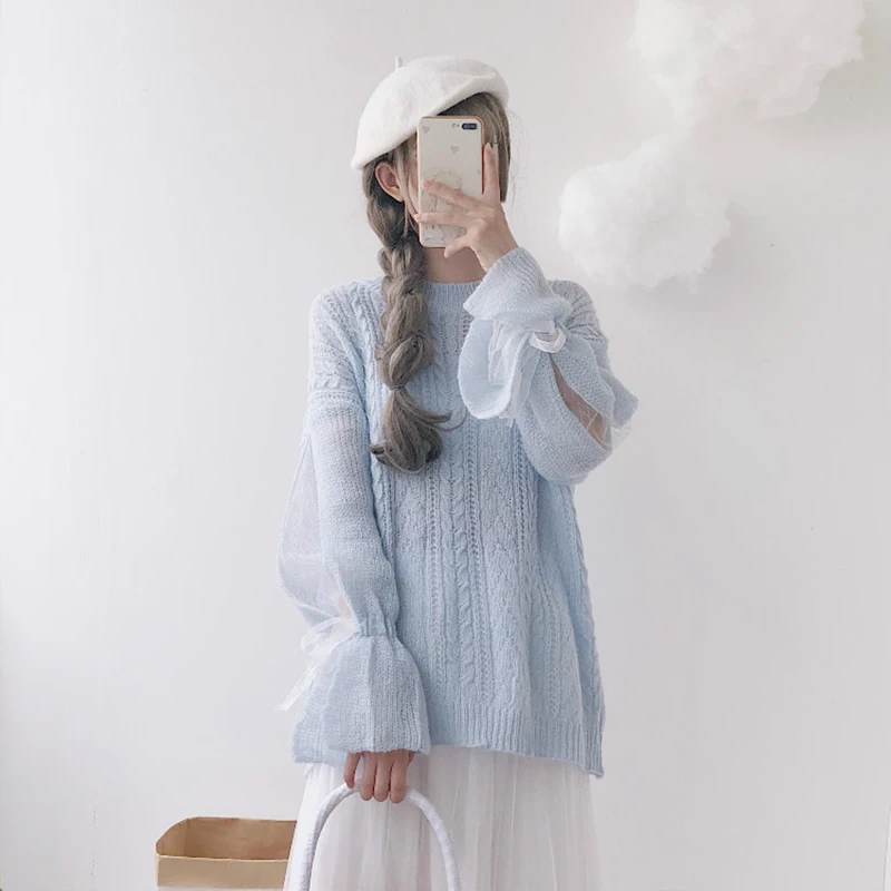 Women Cute Knitted Sweater Hollow Out Long-Sleeved Pink Sweet Sweaters Mesh Patchwork Bow Lace-up Knit Jumper Pullovers | Женская одежда