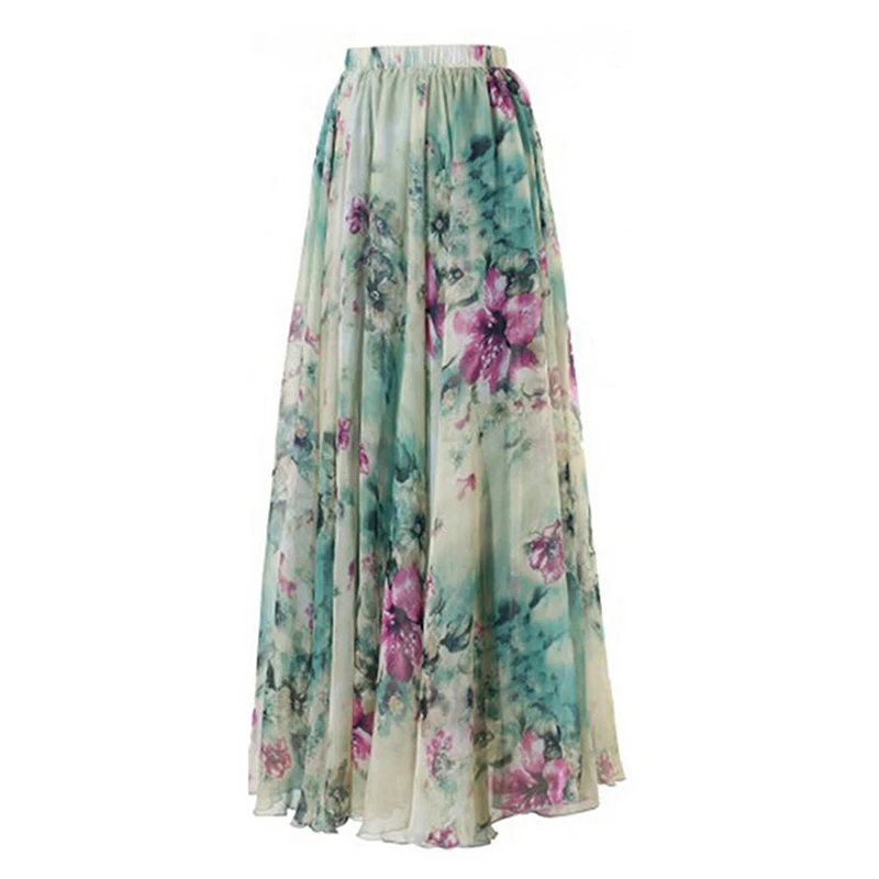 Boho женские летние цветочные печати длинные юбки для дам Мода Высокая талия Горячие плиссированные пляжные повседневные шифоновые длинные юбки
