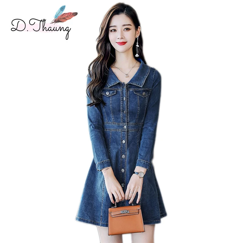 

Платье из джинсовой ткани женские Демисезонный 2019 Новый средней длины кукла воротник женское платье Тонкий однобортный дамы платье Qw008