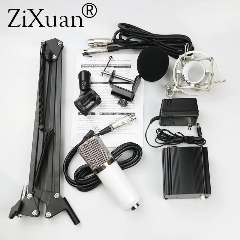 Condenser Microphone Kit Black 48V Phantom Power Supply XLR Cable for Home Studio Recording Boom Scissor Arm Stand | Электроника