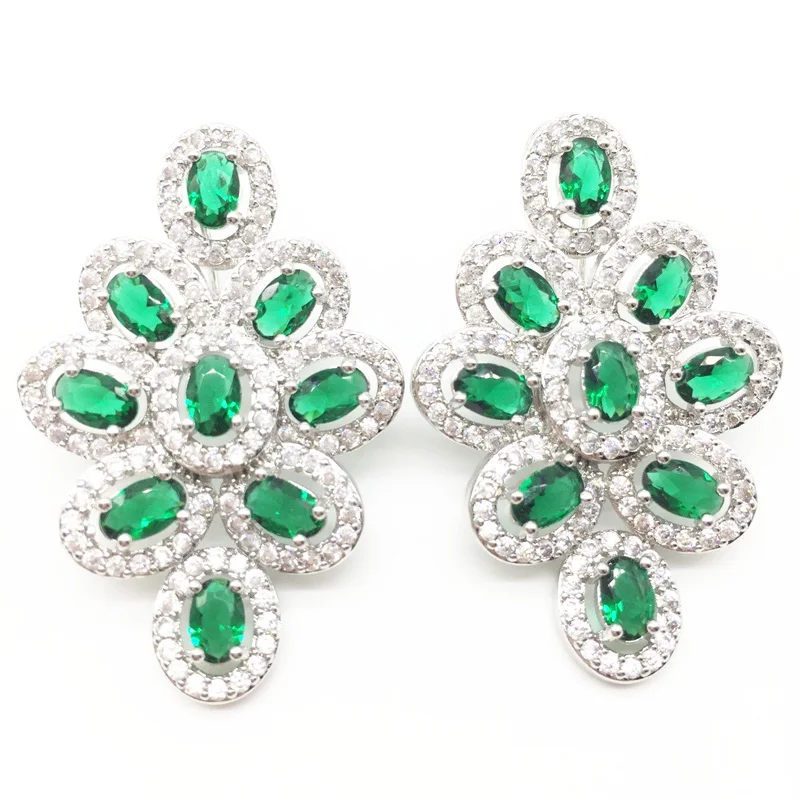 Cubic Zirconia Indian Silver 925 Jewelry Sets For Women Green Big CZ Created pendant Necklace And Earring Ladies | Украшения и