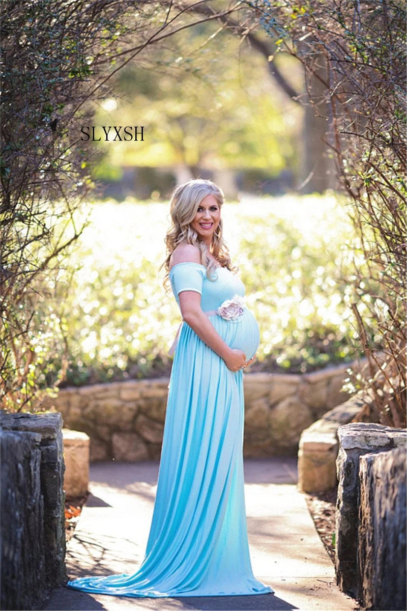 

SLYXSH Pregnant Women Dresses Chiffon Off Shoulders Maternity Strapless Photography Dresses Pregnancy Photo Shoot Split Longuet