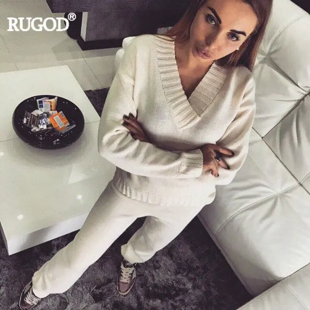 Rugod, осенне-зимний женский хлопковый спортивный костюм, комплект из 2 предметов, однотонный Вязаный топ с v-образным вырезом и длинным рукавом+ штаны, костюм для женщин, одежда для отдыха