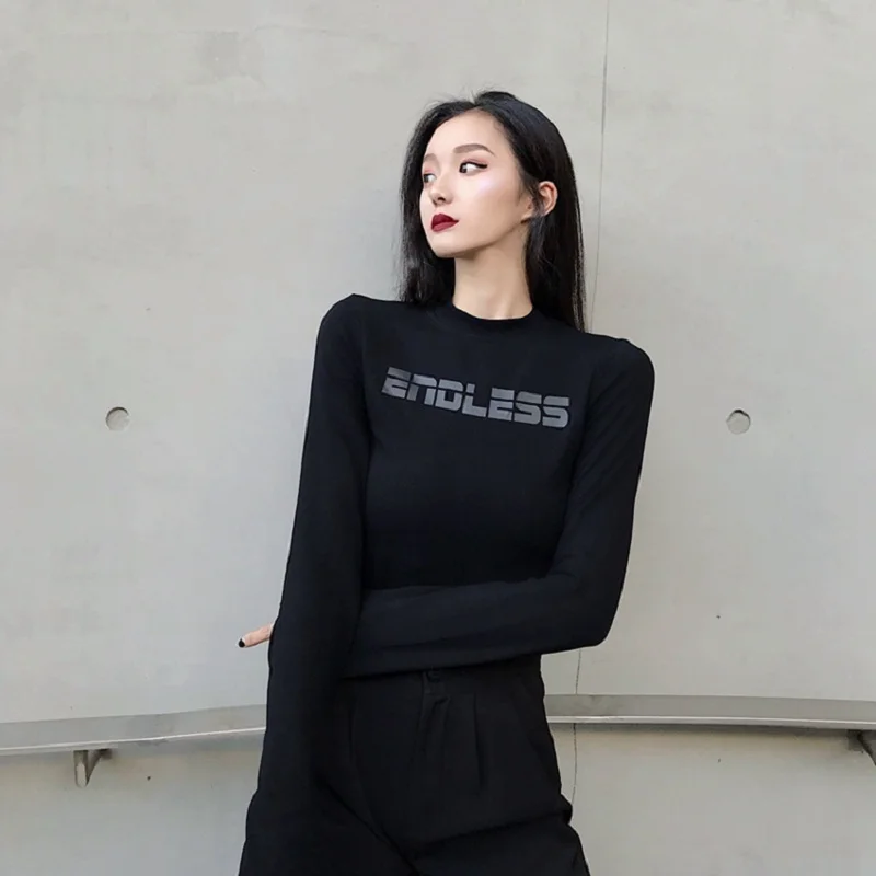 Autumn and winter new letter printing black Slim thin long sleeve bottoming T-shirt women | Женская одежда