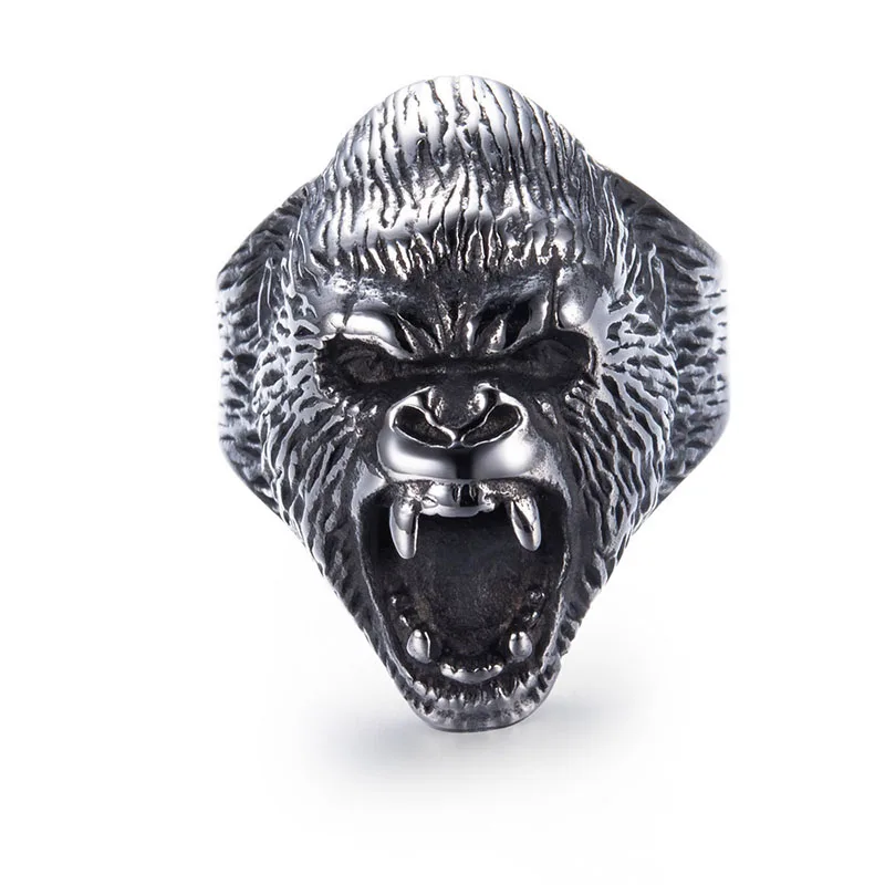 black Винтажное кольцо в стиле панк Angry Gorilla Animal для мужчин, титановые кольца из нержавеющей стали King Kong, высокое качество, байкерские ювелирные изделия, серебряные, черные - Цвет основного камня: black