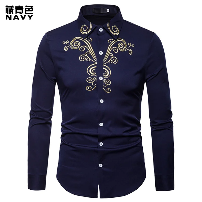 Navy Shirt Модная мужская рубашка с длинным рукавом, хлопковая рубашка с вышивкой, мужские Гавайские рубашки, приталенные мужские рубашки размера плюс, белые и черные - Цвет: Navy Shirt